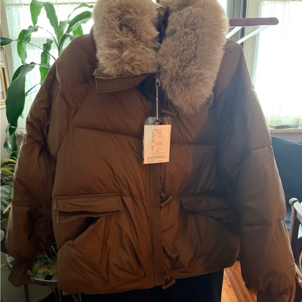 Luxurious Brown Fur-Collar Puffer Jacket Size says XXL fits like Large/Xlarge